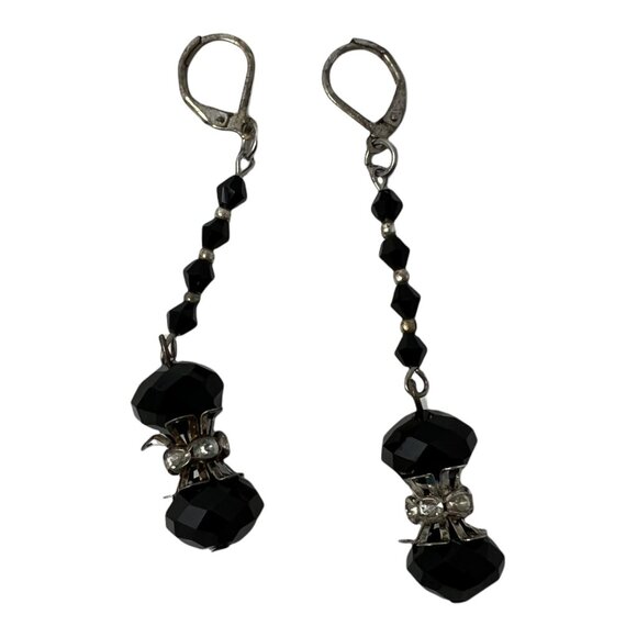 4 Piece Set Necklace Bracelet 2 Pair of Earrings Handmade Black Clear Crystals - Picture 3 of 5